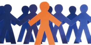 Graphic of multiple stick figures in blue with one standing out in orange