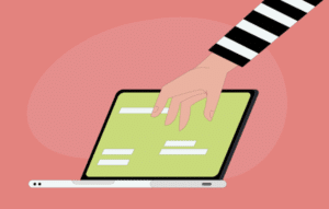 Graphic of an arm reaching to a laptop against a pink background